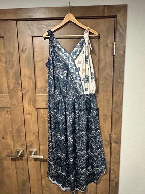 CHARLIE B Navy and Cream Mixed-Print Maxi Dress